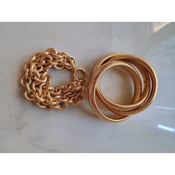 Vintage Triple Tubogas Coil And Chain Bracelets Gold Tone Statement Set Of 2 - Picture 1 of 7